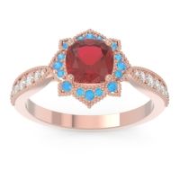 Lab Ruby Engagement Ring In 14K Rose Gold With Swiss Blue Topaz And Diamond - Roha Cushion Antique Ring