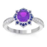 Amethyst Engagement Ring In Palladium With Blue Sapphire And Diamond - Roha Cushion Antique Ring