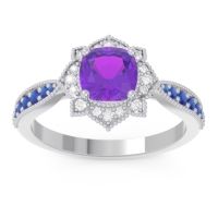 Amethyst Ring In Palladium With Diamond And Blue Sapphire Roha Cushion Antique Ring