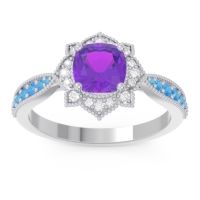Amethyst Ring In Palladium With Diamond And Swiss Blue Topaz Roha Cushion Antique Ring