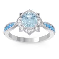 Aquamarine Ring In Palladium With Diamond And Swiss Blue Topaz Roha Cushion Antique Ring
