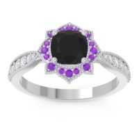 Black Onyx Engagement Ring In Palladium With Amethyst And Diamond - Roha Cushion Antique Ring