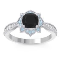 Black Onyx Engagement Ring In Palladium With Aquamarine And Diamond - Roha Cushion Antique Ring