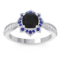 Black Onyx Engagement Ring In Palladium With Blue Sapphire And Diamond - Roha Cushion Antique Ring
