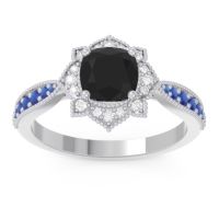 Black Onyx Ring In Palladium With Diamond And Blue Sapphire Roha Cushion Antique Ring