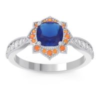 Lab Blue Sapphire Ring In 18k White Gold With Citrine And Lab Diamond Roha Cushion Antique Ring