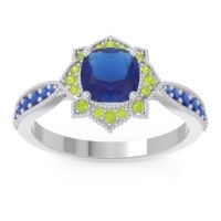 Lab Blue Sapphire Ring In Palladium With Peridot And Blue Sapphire Roha Cushion Antique Ring