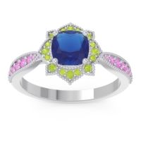 Lab Blue Sapphire Ring In 14k White Gold With Peridot And Pink Tourmaline Roha Cushion Antique Ring