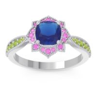 Lab Blue Sapphire Ring In Palladium With Pink Tourmaline And Peridot Roha Cushion Antique Ring