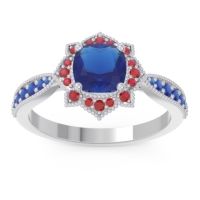 Lab Blue Sapphire Ring In Palladium With Ruby And Blue Sapphire Roha Cushion Antique Ring
