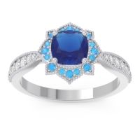 Lab Blue Sapphire Engagement Ring In Palladium With Swiss Blue Topaz And Diamond - Roha Cushion Antique Ring