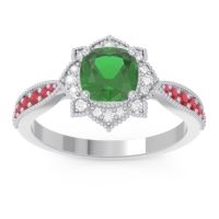 Lab Emerald Ring In 14k White Gold With Diamond And Ruby Roha Cushion Antique Ring