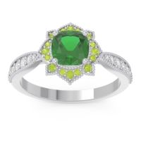Lab Emerald Engagement Ring In 14k White Gold With Peridot And Diamond - Roha Cushion Antique Ring