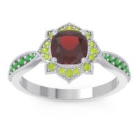 Garnet Ring In 14k White Gold With Peridot And Emerald Roha Cushion Antique Ring
