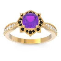 Amethyst Engagement Ring In 14k Yellow Gold With Black Onyx And Diamond - Roha Cushion Antique Ring
