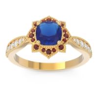 Lab Blue Sapphire Ring In 18k Yellow Gold With Garnet And Lab Diamond Roha Cushion Antique Ring