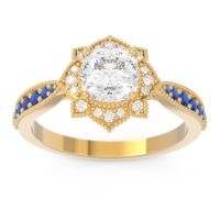 Diamond Ring In 18k Yellow Gold With Lab Diamond And Blue Sapphire Roha Cushion Antique Ring
