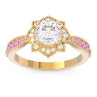 Diamond Ring In 18k Yellow Gold With Lab Diamond And Pink Tourmaline Roha Cushion Antique Ring