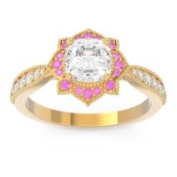 Diamond Engagement Ring In 18k Yellow Gold With Pink Tourmaline - Roha Cushion Antique Ring