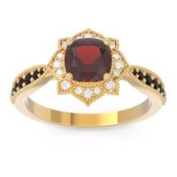 Garnet Ring In 18k Yellow Gold With Diamond And Black Onyx Roha Cushion Antique Ring