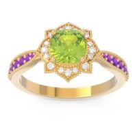 Peridot Ring In 18k Yellow Gold With Diamond And Amethyst Roha Cushion Antique Ring