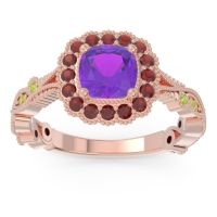Amethyst Ring In 14K Rose Gold With Garnet And Peridot Guna Cushion Antique Ring