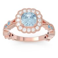 Aquamarine Ring In 14K Rose Gold With Lab Diamond And Swiss Blue Topaz Guna Cushion Antique Ring
