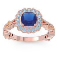 Lab Blue Sapphire Ring In 18K Rose Gold With Aquamarine And Citrine Guna Cushion Antique Ring