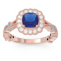 Lab Blue Sapphire Ring In 14K Rose Gold With Lab Diamond And Swiss Blue Topaz Guna Cushion Antique Ring