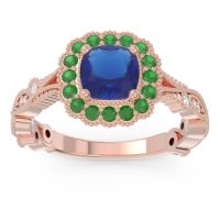 Lab Blue Sapphire Engagement Ring In 18K Rose Gold With Emerald And Diamond - Guna Cushion Antique Ring