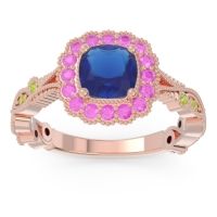 Lab Blue Sapphire Ring In 14K Rose Gold With Pink Tourmaline And Peridot Guna Cushion Antique Ring