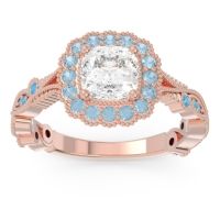 Diamond Ring In 14K Rose Gold With Aquamarine And Swiss Blue Topaz Guna Cushion Antique Ring