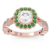 Diamond Ring In 14K Rose Gold With Emerald And Swiss Blue Topaz Guna Cushion Antique Ring