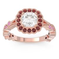 Lab Diamond Ring In 14K Rose Gold With Garnet And Pink Tourmaline Guna Cushion Antique Ring