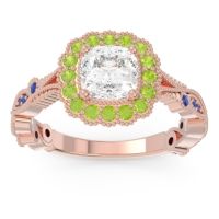 Lab Diamond Ring In 18K Rose Gold With Peridot And Blue Sapphire Guna Cushion Antique Ring