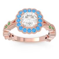 Lab Diamond Ring In 14K Rose Gold With Swiss Blue Topaz And Emerald Guna Cushion Antique Ring