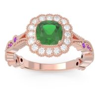 Emerald Ring In 18K Rose Gold With Lab Diamond And Amethyst Guna Cushion Antique Ring