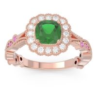 Emerald Ring In 18K Rose Gold With Lab Diamond And Pink Tourmaline Guna Cushion Antique Ring