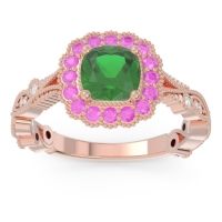 Lab Emerald Engagement Ring In 14K Rose Gold With Pink Tourmaline And Diamond - Guna Cushion Antique Ring