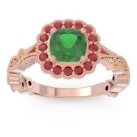 Lab Emerald Ring In 14K Rose Gold With Ruby And Citrine Guna Cushion Antique Ring
