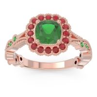 Lab Emerald Ring In 14K Rose Gold With Ruby And Emerald Guna Cushion Antique Ring