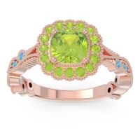 Peridot Ring In 14K Rose Gold With Swiss Blue Topaz Guna Cushion Antique Ring