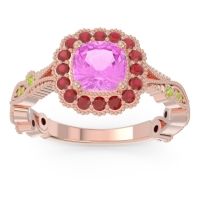 Pink Tourmaline Ring In 18K Rose Gold With Ruby And Peridot Guna Cushion Antique Ring