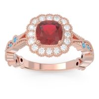 Lab Ruby Ring In 14K Rose Gold With Lab Diamond And Swiss Blue Topaz Guna Cushion Antique Ring