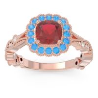 Lab Ruby Engagement Ring In 14K Rose Gold With Swiss Blue Topaz And Diamond - Guna Cushion Antique Ring