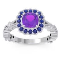 Amethyst Engagement Ring In Palladium With Blue Sapphire And Diamond - Guna Cushion Antique Ring