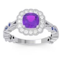 Amethyst Ring In Palladium With Diamond And Blue Sapphire Guna Cushion Antique Ring