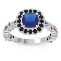 Lab Blue Sapphire Ring In 14k White Gold With Black Onyx And Garnet Guna Cushion Antique Ring