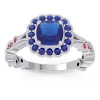 Lab Blue Sapphire Ring In Palladium With Blue Sapphire And Ruby Guna Cushion Antique Ring
