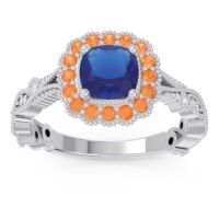 Lab Blue Sapphire Ring In 18k White Gold With Citrine And Lab Diamond Guna Cushion Antique Ring